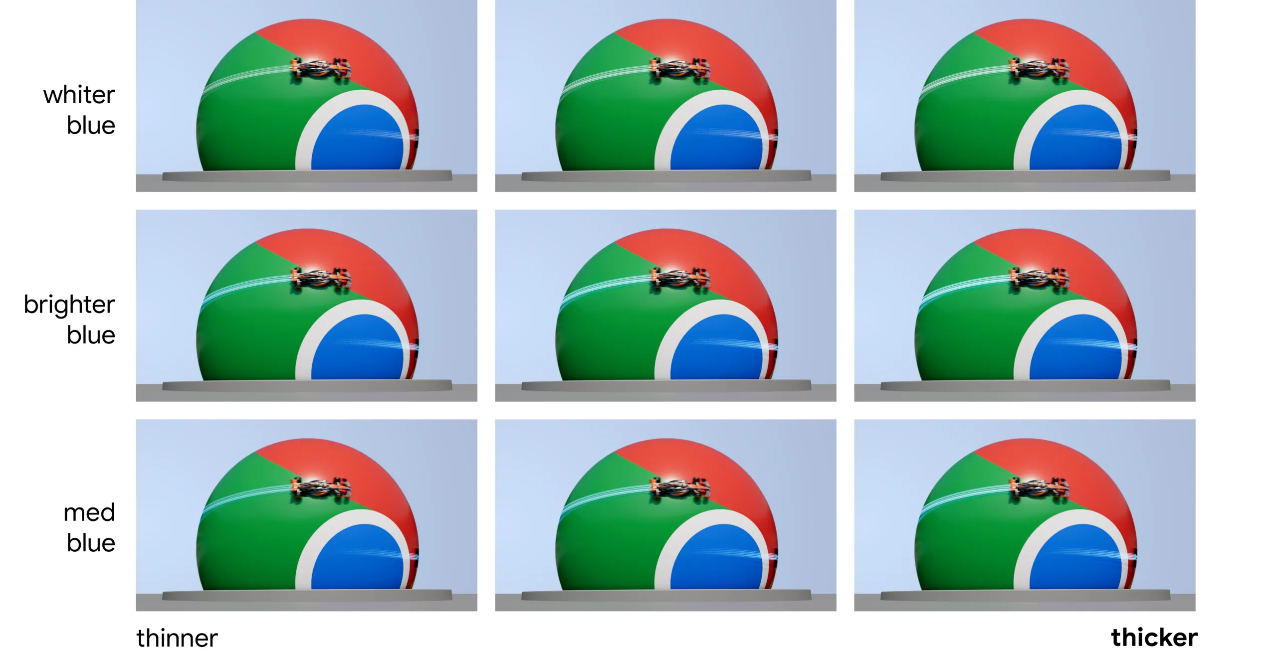 Comparison grid of light-trail brightness and thickness options